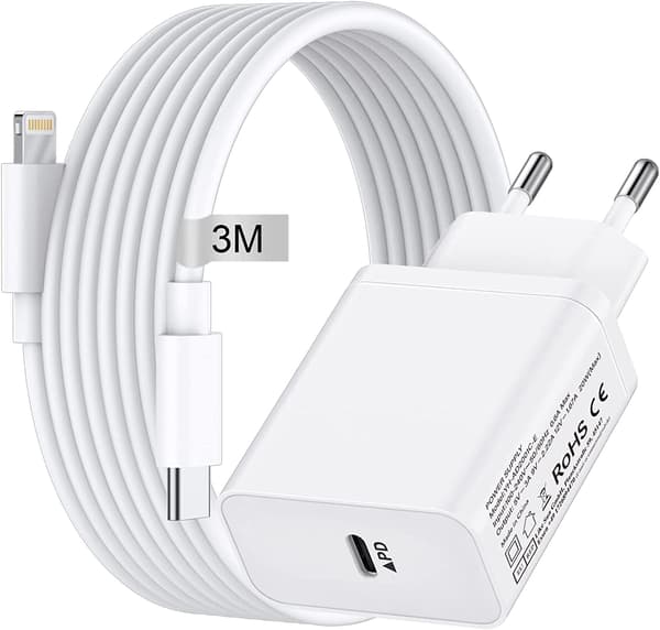 (3 Meter) iphone snabbladdare USB-C strömadapter 20W + Kabel Vit