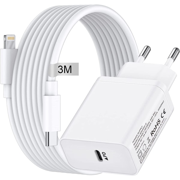 iPhone laddare för Apple 11/12/13/14 USB-C strömadapter 20W PD Vit + 3M