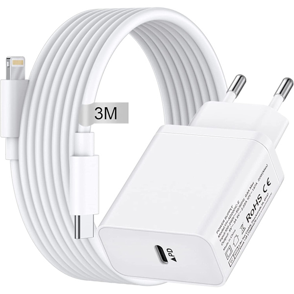 iphone snabbladdare USB-C strömadapter 20W + Kabel Vit (3 METER)