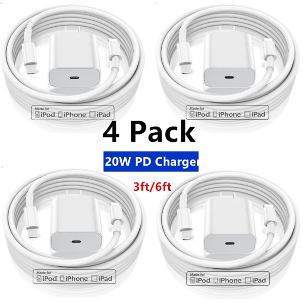 4-Pack - Laddare för iPhone - Snabbladdare - Adapter + Kabel 20W White