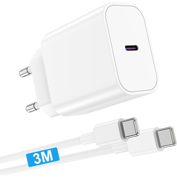 iPhone 15  / 16 Pro MAX USB-C Vävd Laddningskabel - 3 Meter + 20 W usb-c-strömadapter (S25) (Vävd 3M +20W)