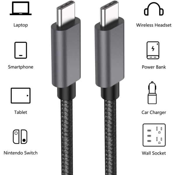 (2st) 2m USB-C - USB-C 3A laddkabel / fastcharge QC3.0 60W 2 meter
