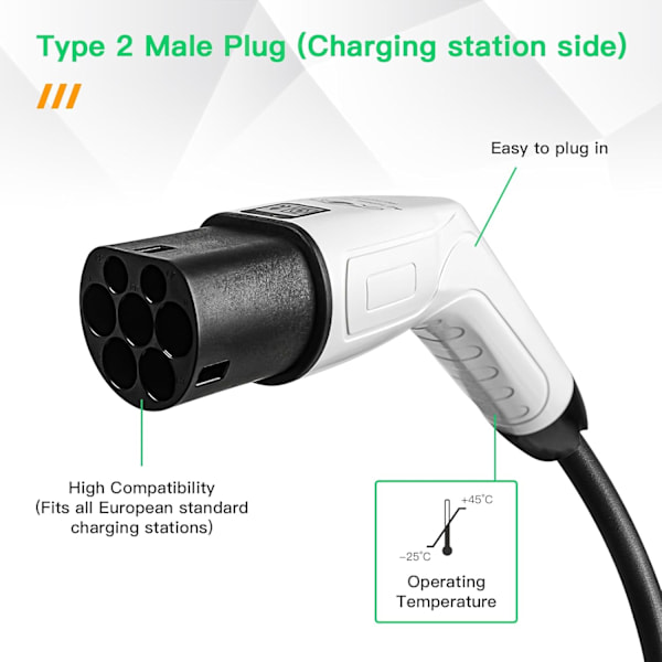 Typ 2 till Schuko 16a EV laddningsadapter Vit Svart