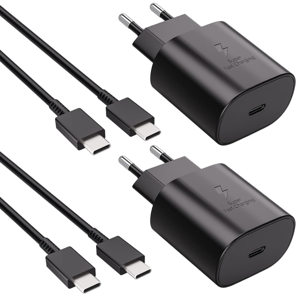 (2st) Snabbladdare 25W för Samsung USB-C + 2M USB C-kabel Black USB-C charger + 2M Cable