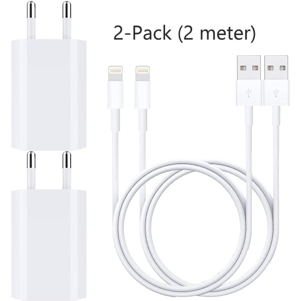(2st) iPhone EXTRA Lång Väggladdare och Lightning kabel 2m (2-PACK) 2M