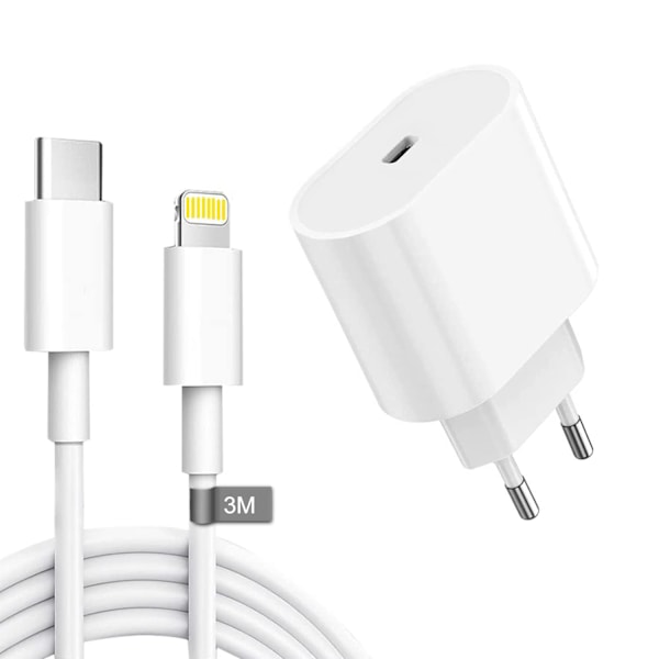 (3 Meter) iphone snabbladdare USB-C strömadapter 20W + Kabel Vit