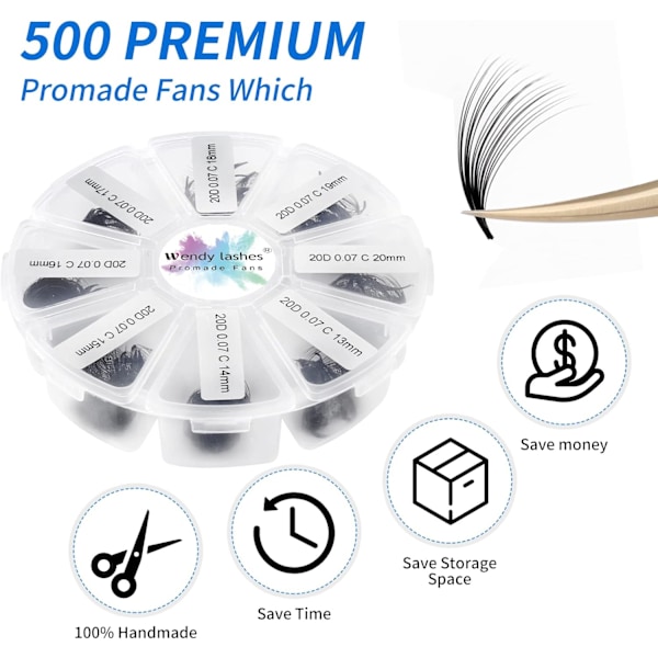 (iLashes.SE) 500Pcs Lashes Extension 20D Färdiga ögonfransar (0.07mm D Curl 9-16mm)