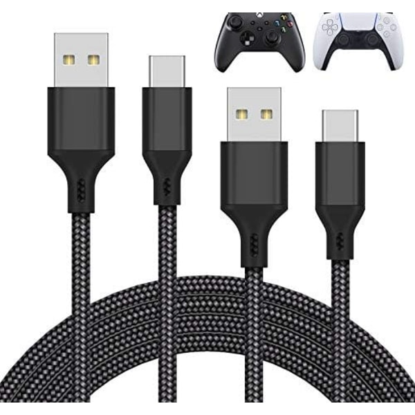 (2st) 2m Laddkabel för PS5 Playstation 5 USB-C Black Extra Lång (2-PACK) 2 meter