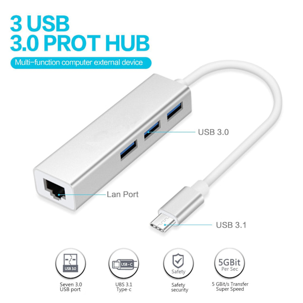 USB C 3.1 hubb med 3 portar USB 3.0 & RJ45