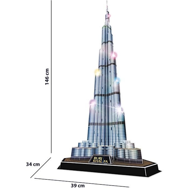 3D LED-pussel - Burj Khalifa - 3D-pussel för barn och vuxna - Modell att bygga - 136 bitar - Höjd 146cm - LED Flerfärgad