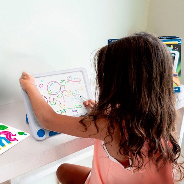 Big Minds - Led Magic Board | Børnetegnetablet 3 i 1 Børn 4 år+ | Skrivetablet 6 vendbare stencils