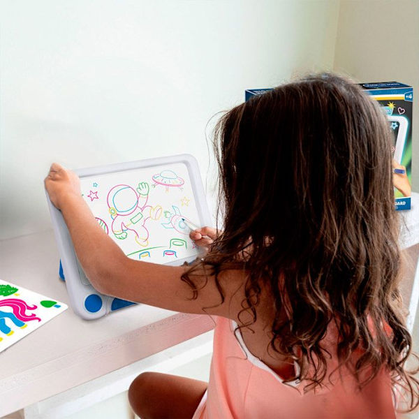 Big Minds - Led Magic Board | Teckningsplatta för barn 3 i 1 Barn 4 år+ | Skrivplatta 6 vändbara schabloner