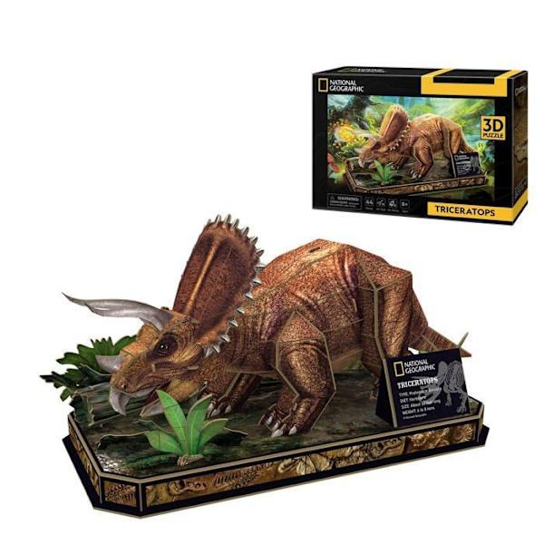 Puslespilsfestby - National Geographic Triceratops, 3D-børn 8 år, puslespil, legetøj, dinosaurspil, 8.4366E+12 Svart, brun och grön