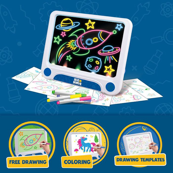 Big Minds - Led Magic Board | Børnetegnetablet 3 i 1 Børn 4 år+ | Skrivetablet 6 vendbare stencils