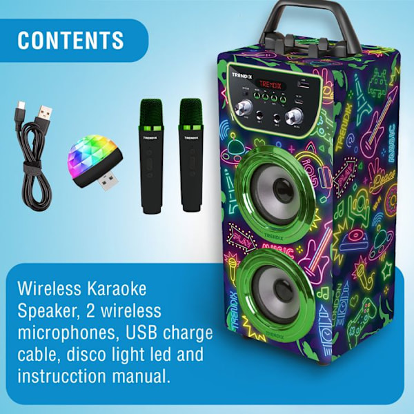 Enceinte Karaoke 2 Mikrofoner Uden Ledning | Bluetooth Karaoke | Trendix - Børne Karaoke Neon Verden