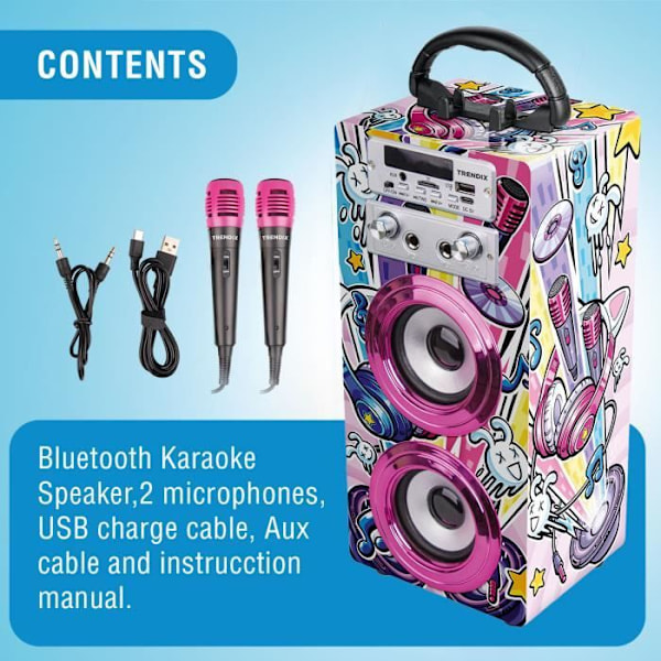 Karaokehögtalare för barn - Tendrix - 2 mikrofoner - Bluetooth - AUX - FM-radio - USB Flerfärgad