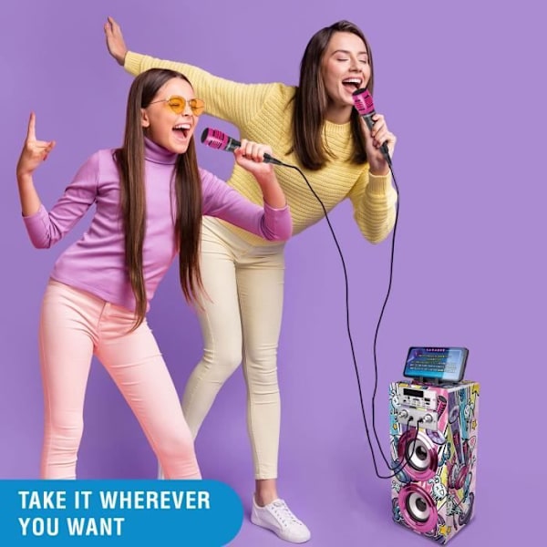 Karaokehögtalare för barn - Tendrix - 2 mikrofoner - Bluetooth - AUX - FM-radio - USB Flerfärgad