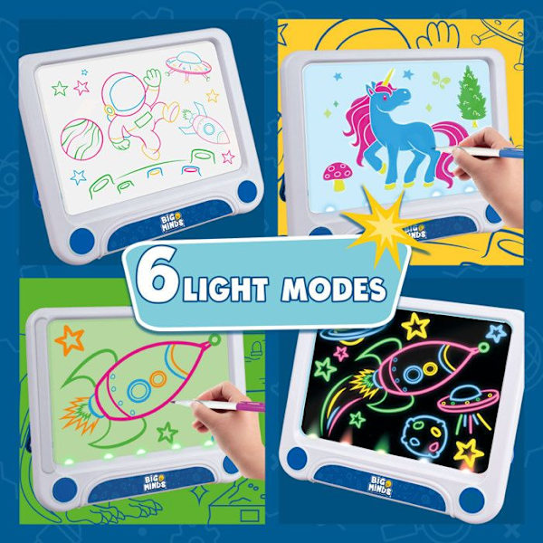 Big Minds - Led Magic Board | Børnetegnetablet 3 i 1 Børn 4 år+ | Skrivetablet 6 vendbare stencils