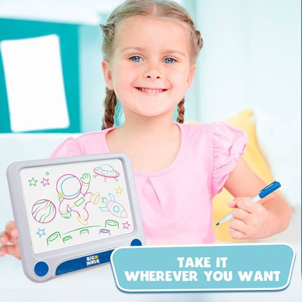 Big Minds - Led Magic Board | Teckningsplatta för barn 3 i 1 Barn 4 år+ | Skrivplatta 6 vändbara schabloner