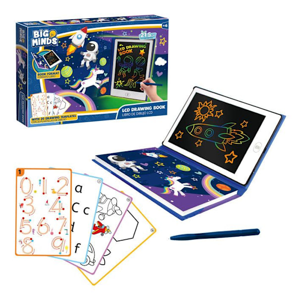 Big Minds - LCD tegnetablet til børn | Magic Slate Book Format | Magic Tablet 20 vendbare stencils | Barn 4 år