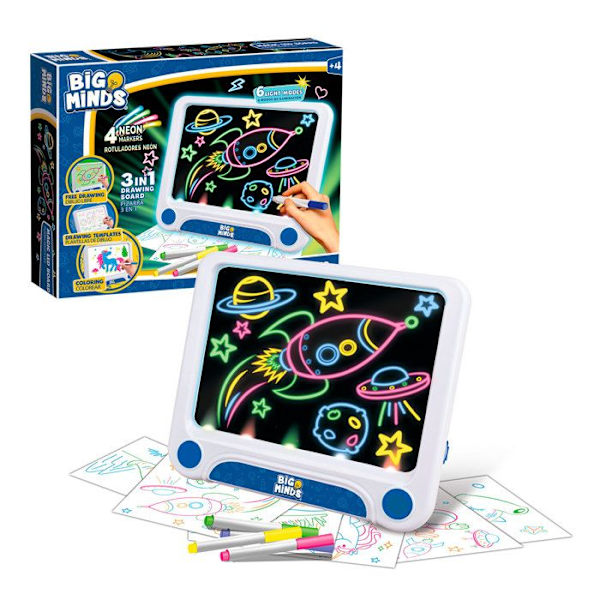 Big Minds - Led Magic Board | Børnetegnetablet 3 i 1 Børn 4 år+ | Skrivetablet 6 vendbare stencils