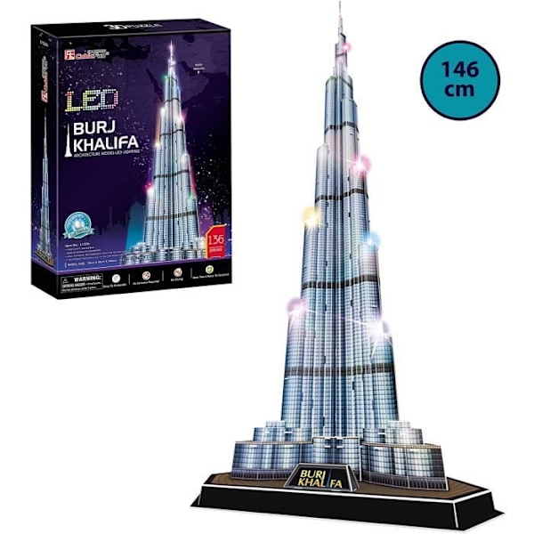 3D LED-pussel - Burj Khalifa - 3D-pussel för barn och vuxna - Modell att bygga - 136 bitar - Höjd 146cm - LED Flerfärgad