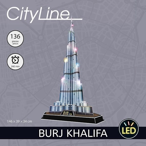 3D LED-pussel - Burj Khalifa - 3D-pussel för barn och vuxna - Modell att bygga - 136 bitar - Höjd 146cm - LED Flerfärgad