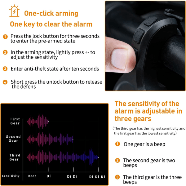 Cykelklokke med tyverialarm, tre-trins følsomhed anti-