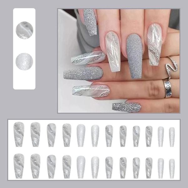 24 stk lange marmor falske negler, grå glitter trykk på design, medium