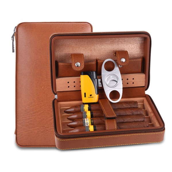 Portable Cigar Box Cedar Wood Cigar Cutter Lighter Case Creative Travel Cigar Tool Leather Case Brown Collectible Box