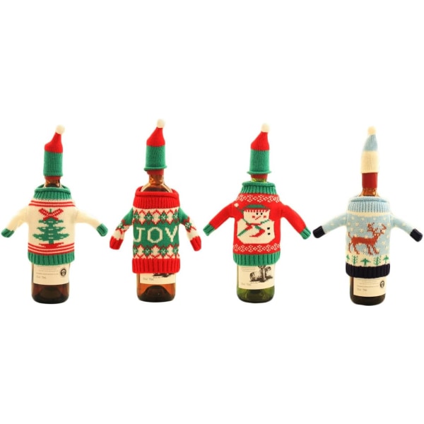 4 stk. juleflaskeovertrækstaske strikket vintrøjedækselkjole med hat strikket sweater tegneseriemønster