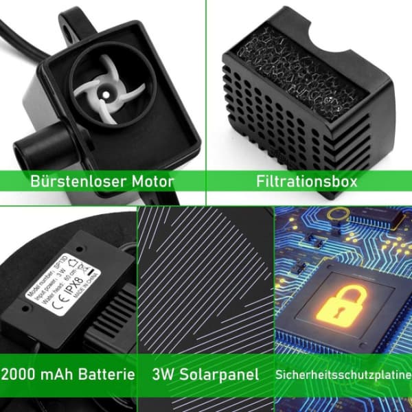 3W solcellsfontän med LED 7 effekter 2000mAh batteri solstoft p
