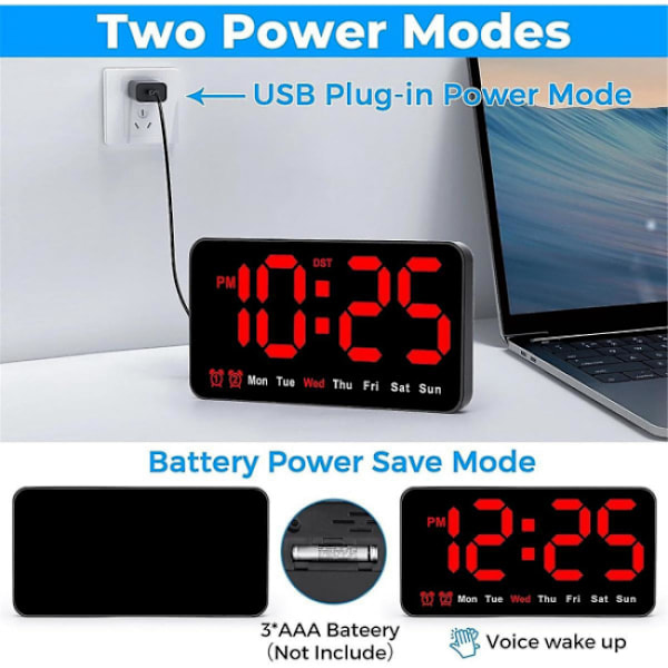 Digital vægur, LED digitalt ur med 12/24h, store tal,