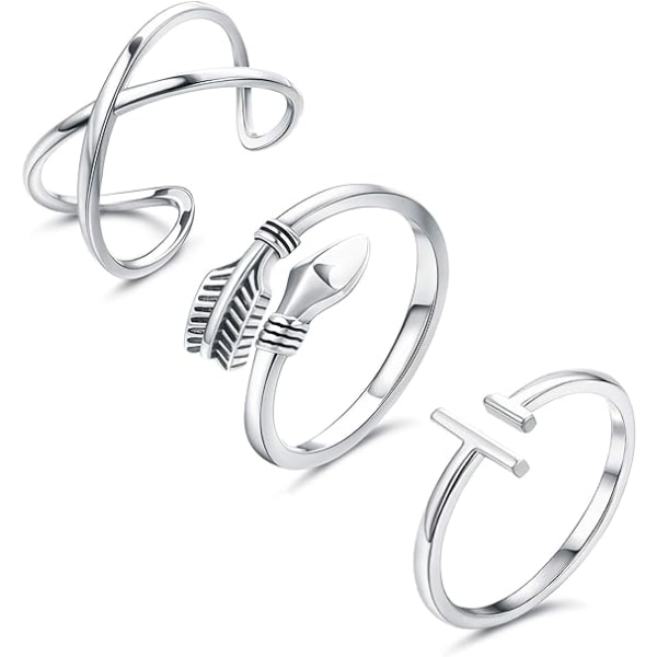Öppna justerbara 925 sterlingsilverringar för kvinnor män Minimalistisk korspil Stapelbara ringar set storlek 6-9 (silver 3st)