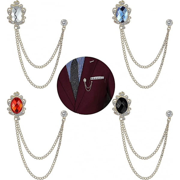 4 st Gem Brosch Lapel Pin Kedja För Herr Kostym Kvast Krage Kedjor