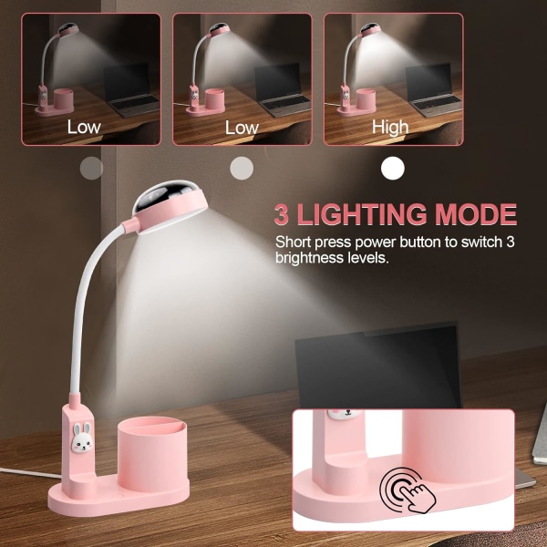 (Rosa) Skrivbordslampa för barn Pojkar/Flickor, sänglampa med Pen Holde