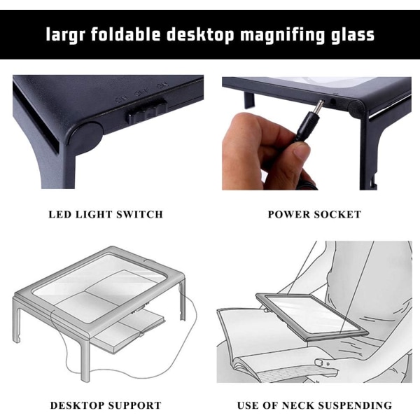 Fuldside foldbar rektangulær håndfri forstørrelsesglas med 12 LED-lys til læsning, arbejde
