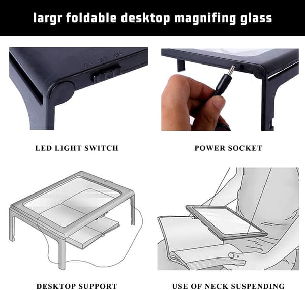 Full-side foldbar rektangulær håndfri forstørrelsesglass med 12 LED-lys for lesing, arbeid