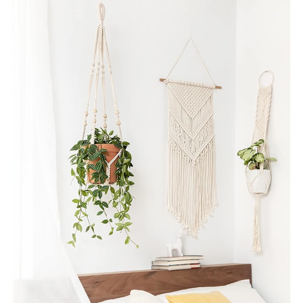 Macrame växt hängare inomhus hängande planter korg med träpärla