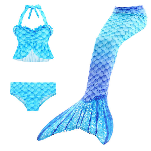 Girls Mermaid Tail Badetøy med bikinisett (blå)