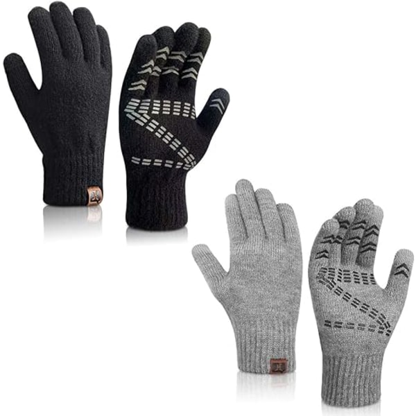 Strikkede hansker med berøringsskjerm for vinter 24 cm Warm Tech-hanske for menn med håndtak for unisex termisk ullfôret (svart + grå)