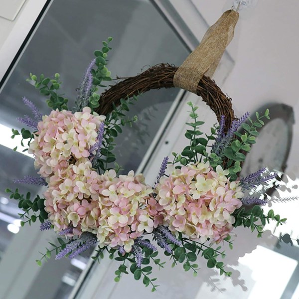 18\" Konstgjord Hortensia Krans för Entrédörr, Vit Rosa, Handgjord