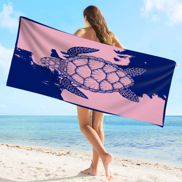 Strandhåndklæde – blåt med tropisk design, L 70*150 cm Cool Hawaiian, marineblå strandhåndklæde med PINK lyseblå stribe,