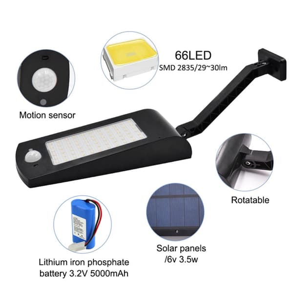 48 LED solcellelys utendørs 3000lm, IP65 vanntett utendørs solcellelys