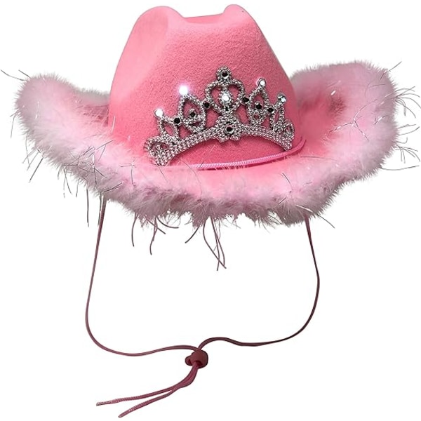 Rosa cowboyhatt - krone med fjærkant (rosa, én størrelse, 2)