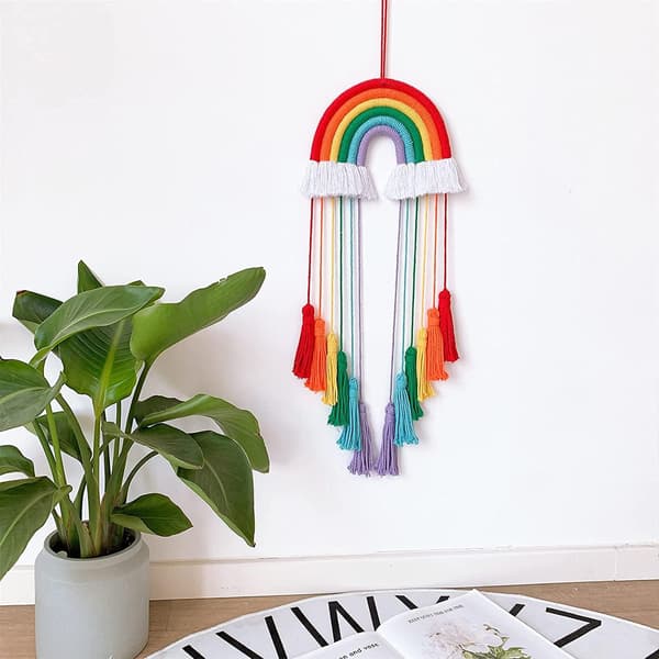 Goodchanceuk Macrame Regnbåge Väggdekor Pom Poms för Barnrum