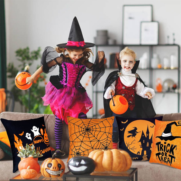 Paket med 4 Halloween kuddfodral Cover Linne Kuddfodral Halloween dekorationspresenter E