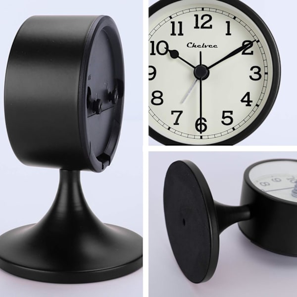 Svart Silent Metal Analog Vekkerklokke med avtakbart stativ Retro