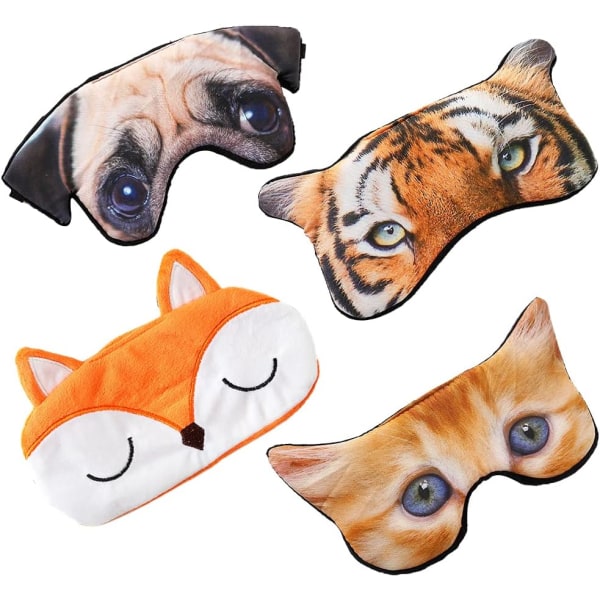 Sömnmask, sömnmask för resor, sömnmask för kvinnor, 3D söta sömnmasker, sömnmask för söta djur, för alla 4 delar (katter, hundar, tigrar och söta rävar)