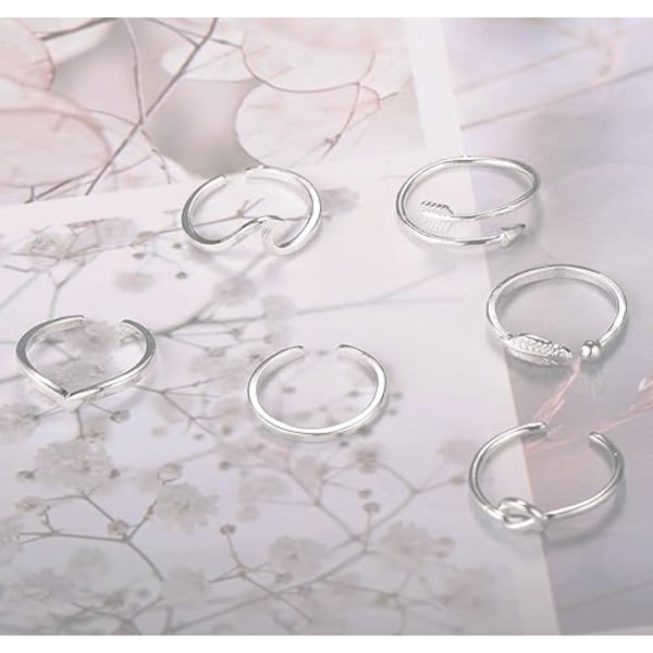 Wave Ring Wave Enkel Ring Bladpil Blomform Svansring för kvinnor Justerbar Stapelbar tumme Öppna Ringar Set (Silver 6 delar)